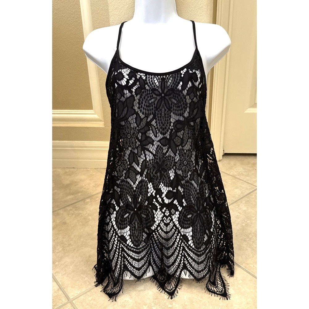 In Bloom by Jonquil Black Lace Sheer Chemise Racer Back Bridal Size S Fairy Goth